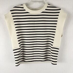 Spanx Womens Sz M Soft Airessentials Cap Sleeve Striped Black Ivory Boxy Stretch